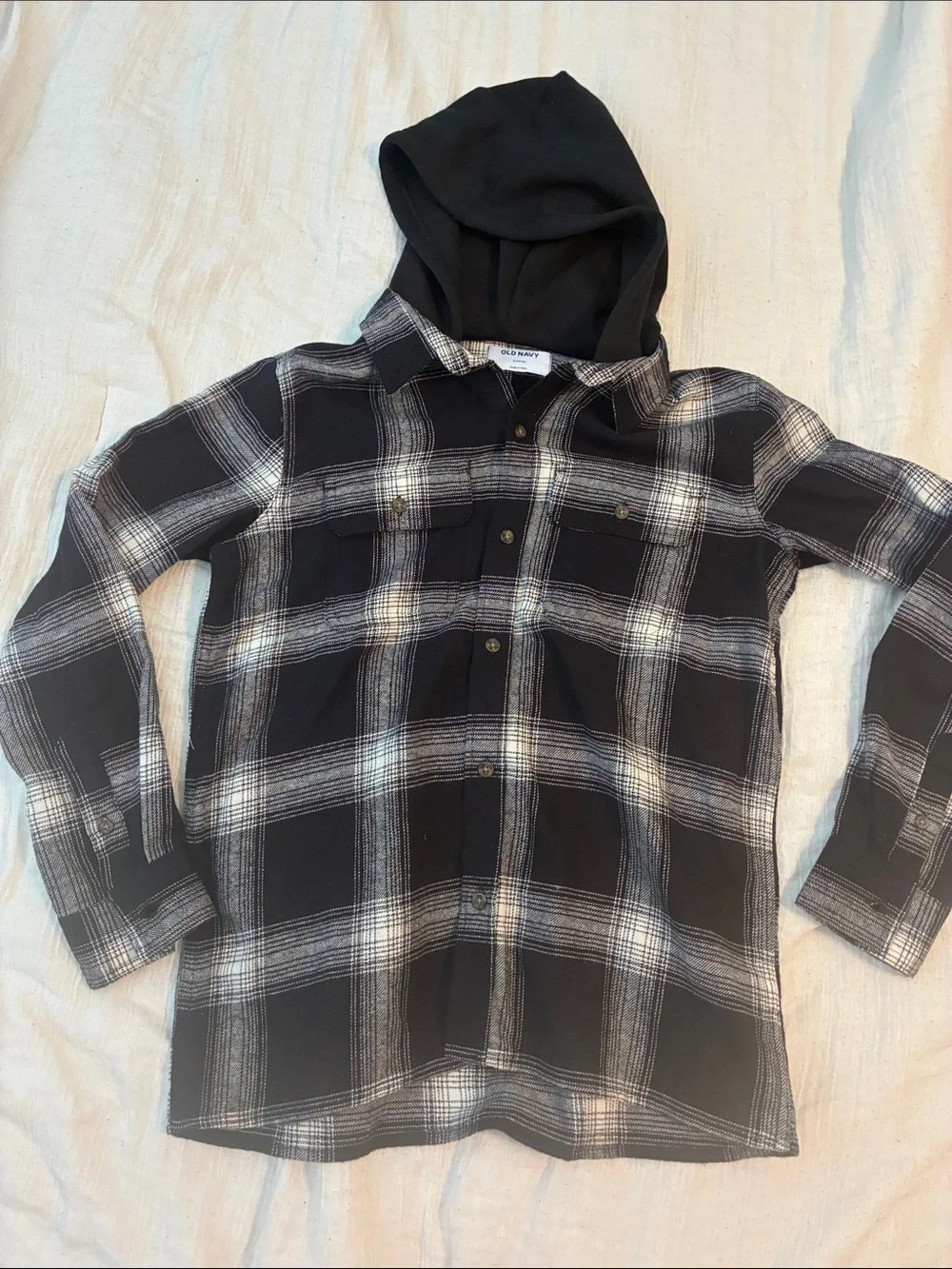 Old Navy Black and White Plaid Hooded Button-Down Shirt XL 14-16
